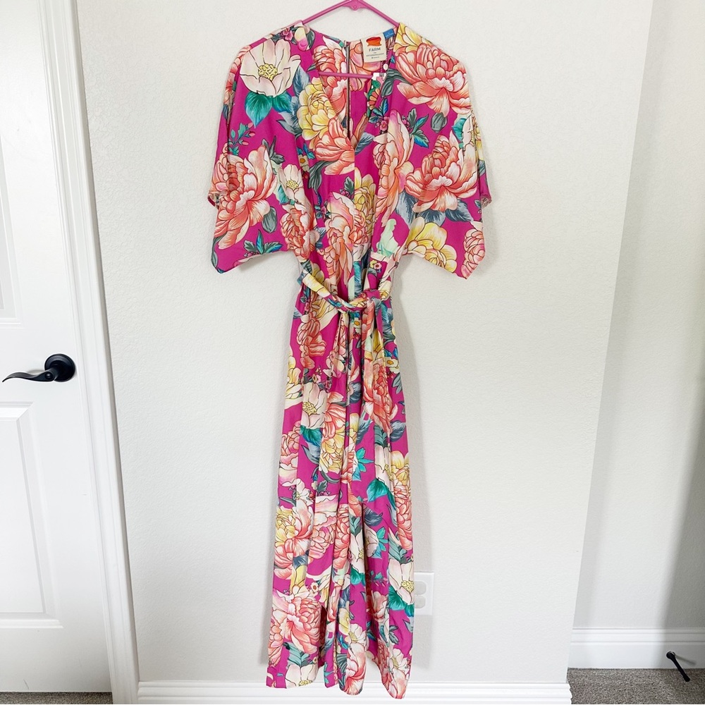 NWT Farm Rio Eulalie Floral Pink Jumpsuit Wide Leg Pockets V Neck Crop Sz S - Picture 3 of 10